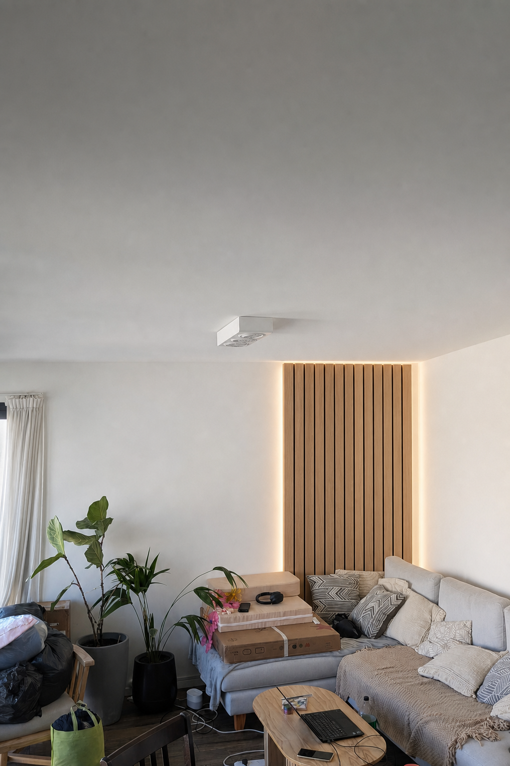 Mockup del living con panel derecho y halo LED